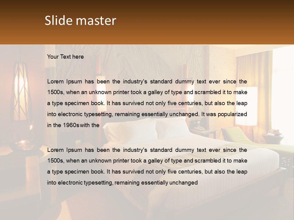 A Hotel Room With A Bed And A Desk PowerPoint Template