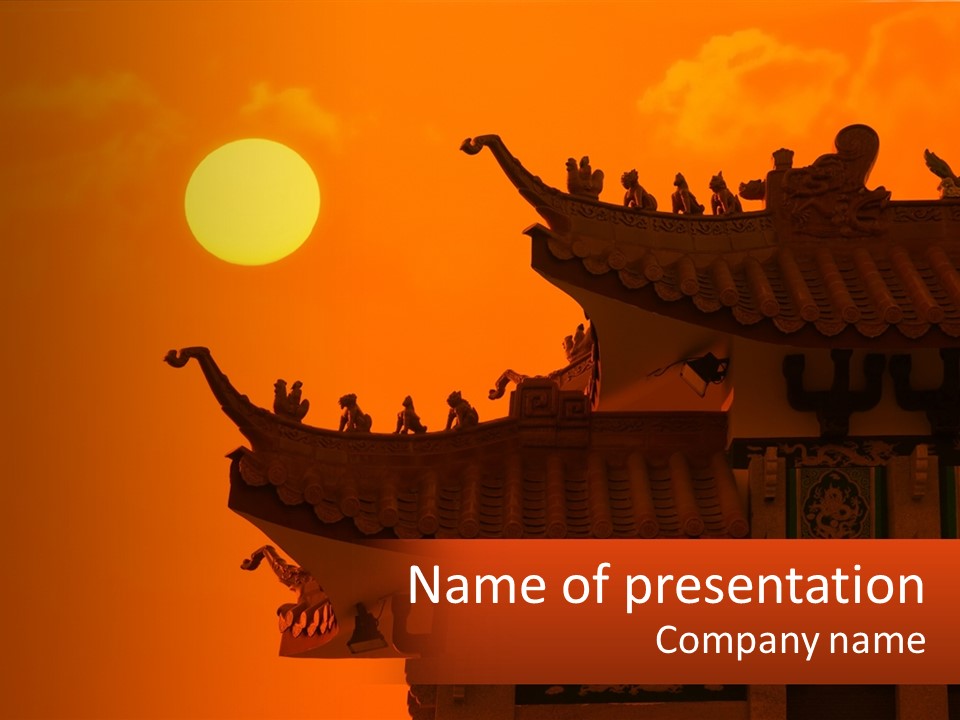 The Sun Is Setting Over A Chinese Building PowerPoint Template