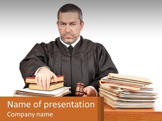 A Judge Sitting At A Desk With A Stack Of Books PowerPoint Template