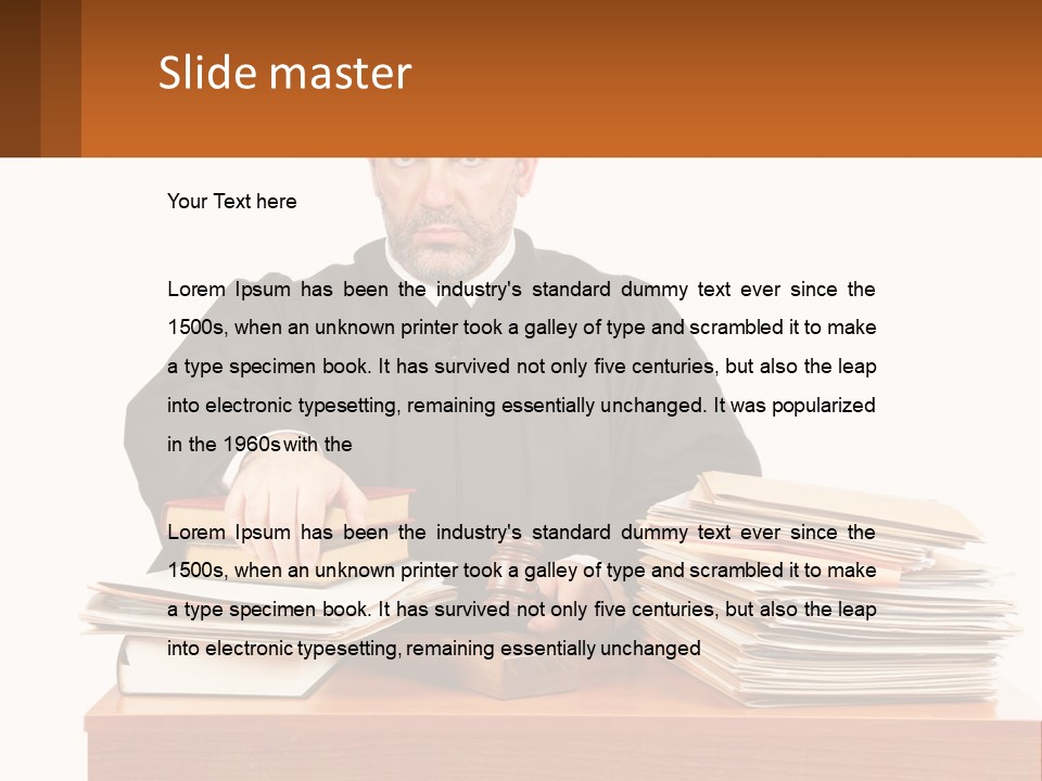 A Judge Sitting At A Desk With A Stack Of Books PowerPoint Template