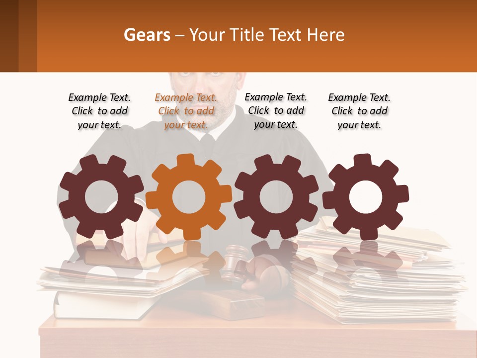 A Judge Sitting At A Desk With A Stack Of Books PowerPoint Template