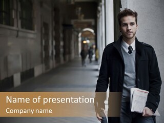 A Man Standing Next To A Building Holding A Folder PowerPoint Template