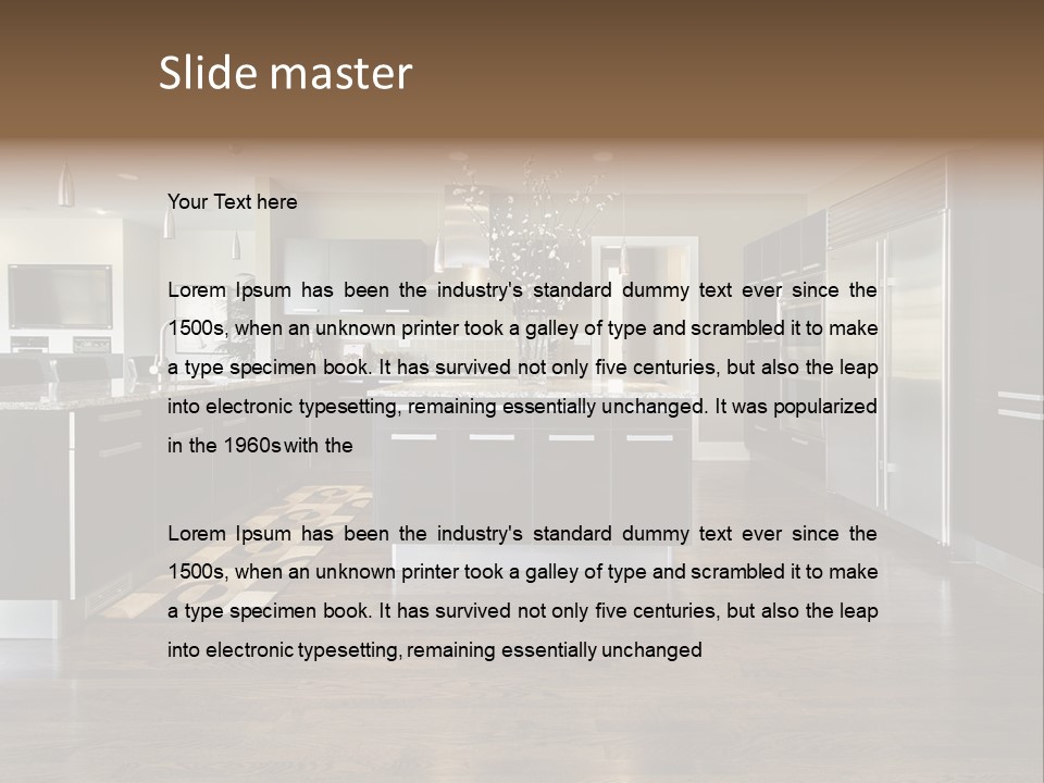 A Large Kitchen With A Center Island And Stainless Steel Appliances PowerPoint Template