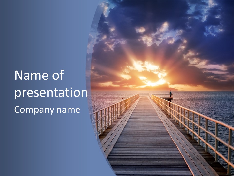 A Pier With The Sun Setting Over The Water PowerPoint Template