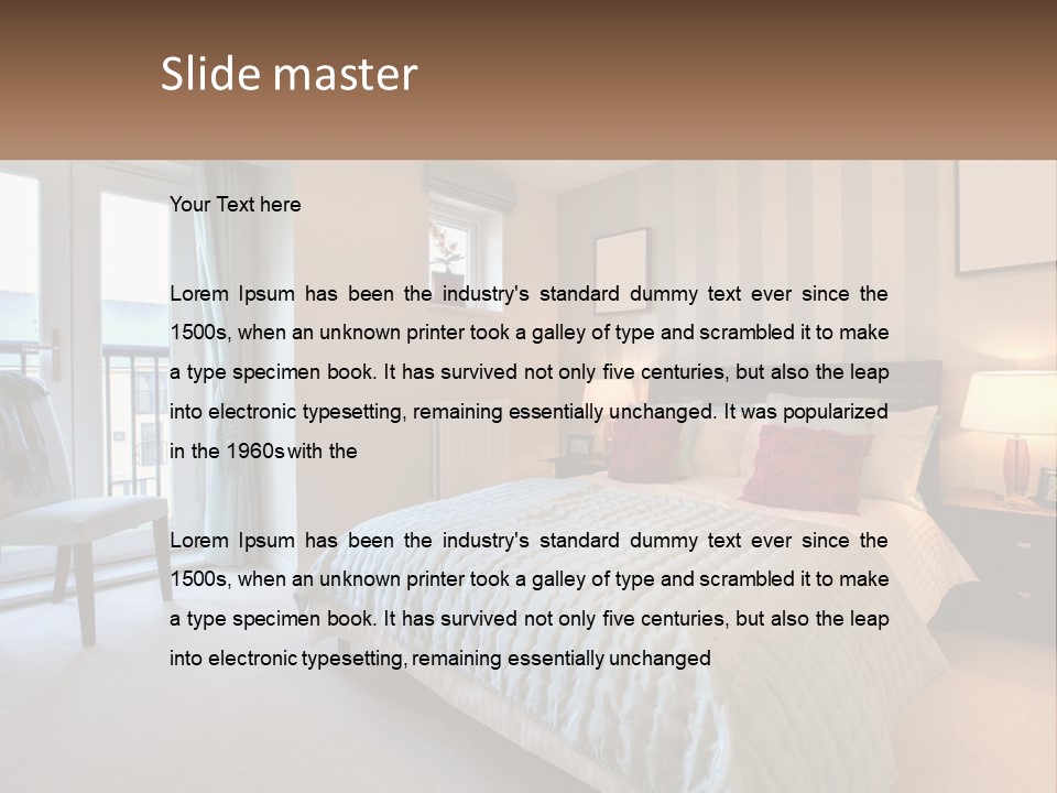 A Bed Room With A Neatly Made Bed And A Chair PowerPoint Template