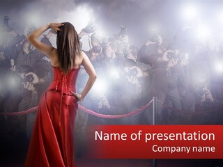 A Woman In A Red Dress Standing In Front Of A Crowd PowerPoint Template