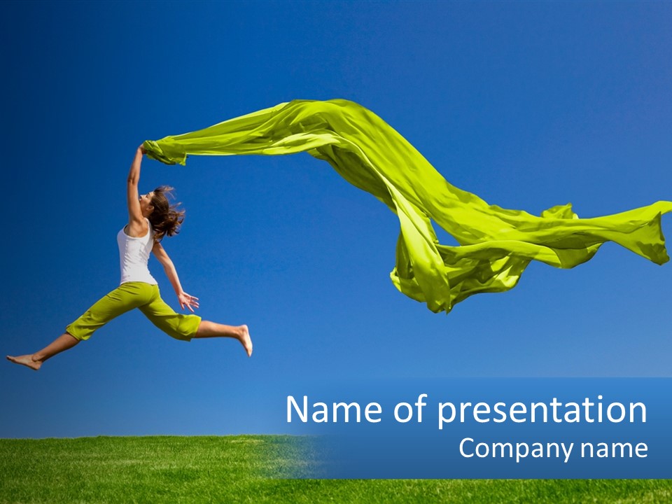 A Woman Jumping In The Air With A Green Scarf PowerPoint Template