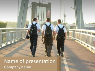 Three Men Walking Across A Bridge On A Sunny Day PowerPoint Template