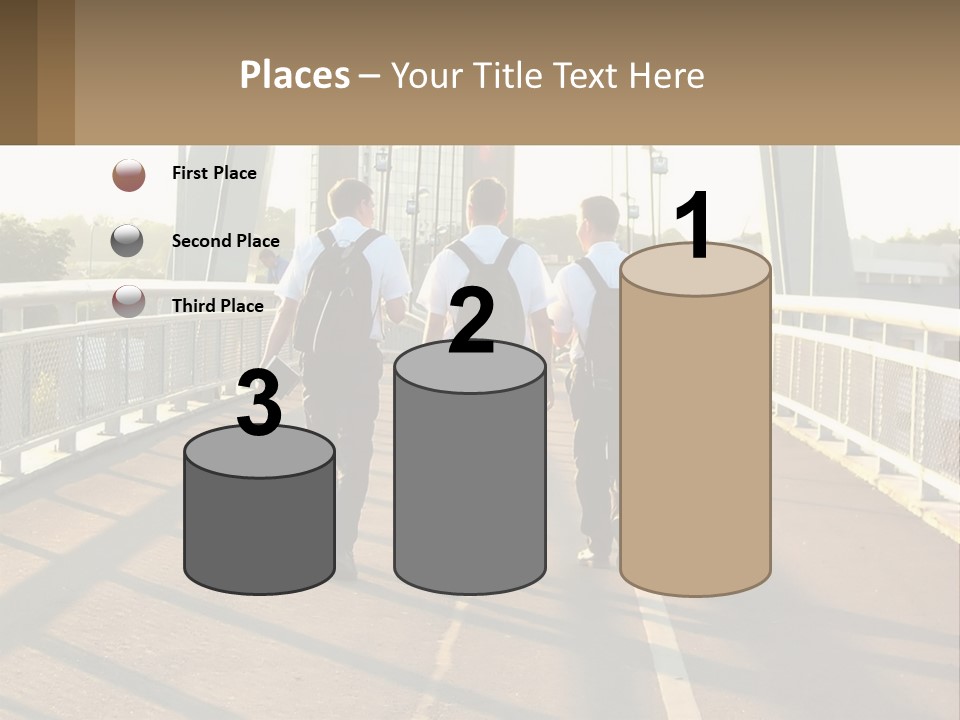 Three Men Walking Across A Bridge On A Sunny Day PowerPoint Template