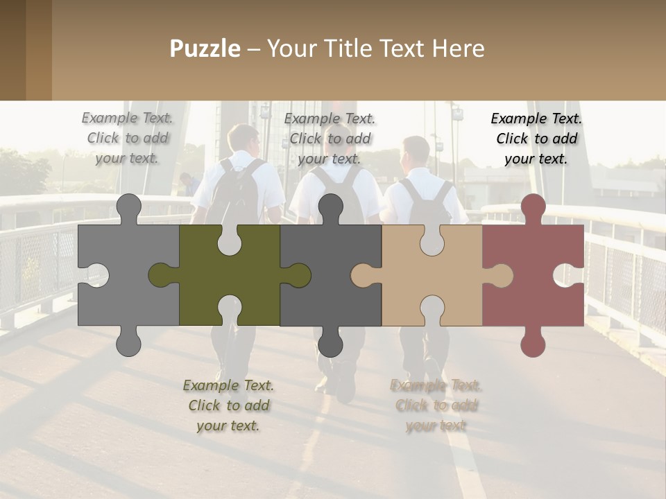 Three Men Walking Across A Bridge On A Sunny Day PowerPoint Template