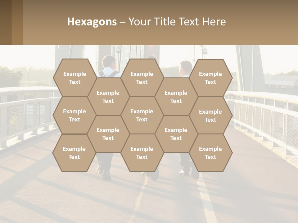 Three Men Walking Across A Bridge On A Sunny Day PowerPoint Template