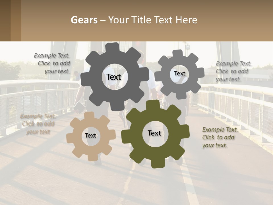 Three Men Walking Across A Bridge On A Sunny Day PowerPoint Template