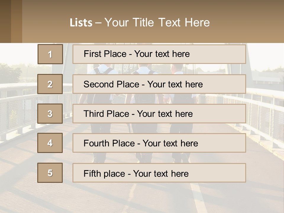 Three Men Walking Across A Bridge On A Sunny Day PowerPoint Template