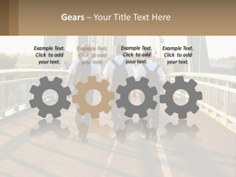 Three Men Walking Across A Bridge On A Sunny Day PowerPoint Template