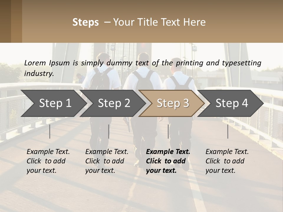 Three Men Walking Across A Bridge On A Sunny Day PowerPoint Template