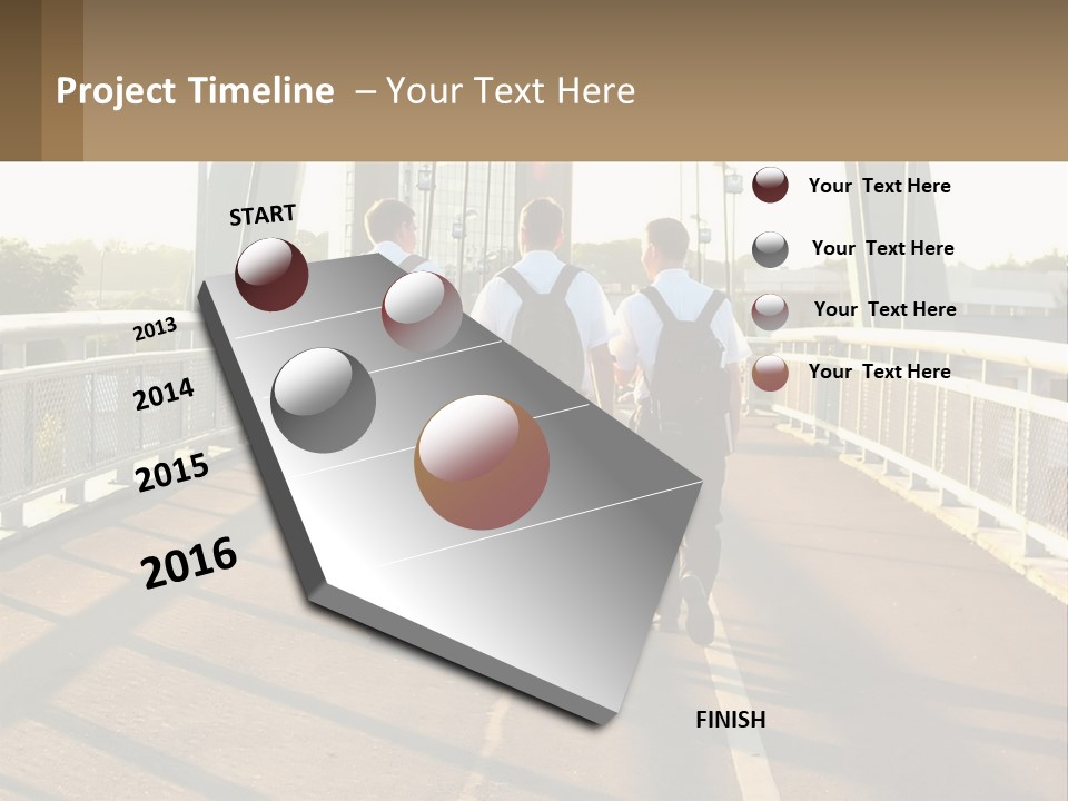 Three Men Walking Across A Bridge On A Sunny Day PowerPoint Template