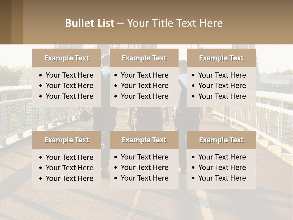 Three Men Walking Across A Bridge On A Sunny Day PowerPoint Template
