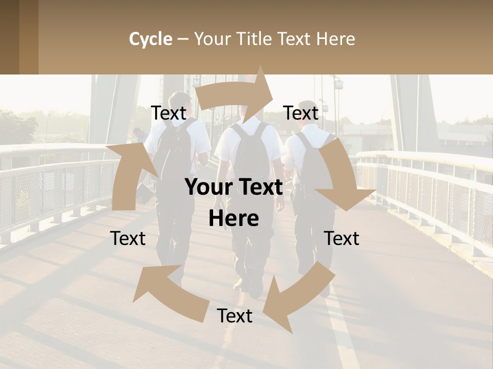 Three Men Walking Across A Bridge On A Sunny Day PowerPoint Template