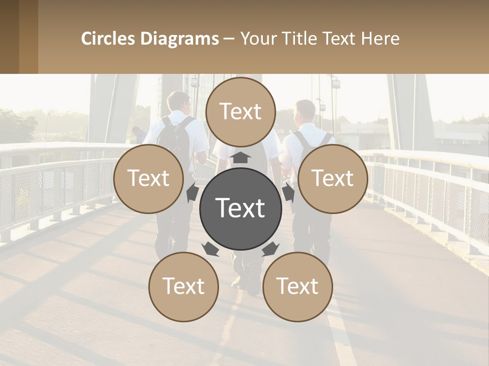 Three Men Walking Across A Bridge On A Sunny Day PowerPoint Template