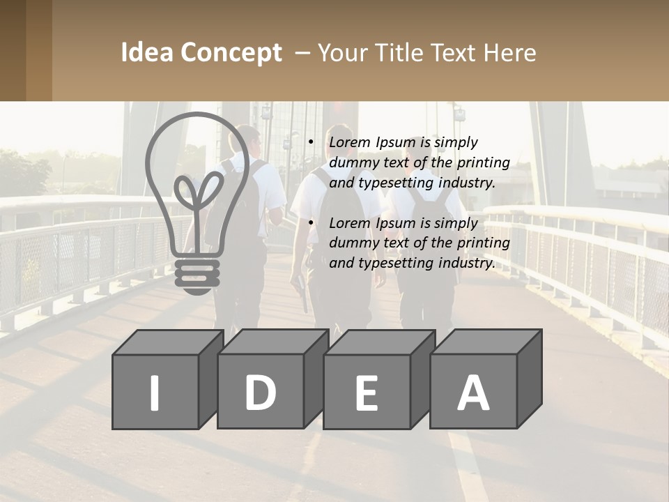 Three Men Walking Across A Bridge On A Sunny Day PowerPoint Template