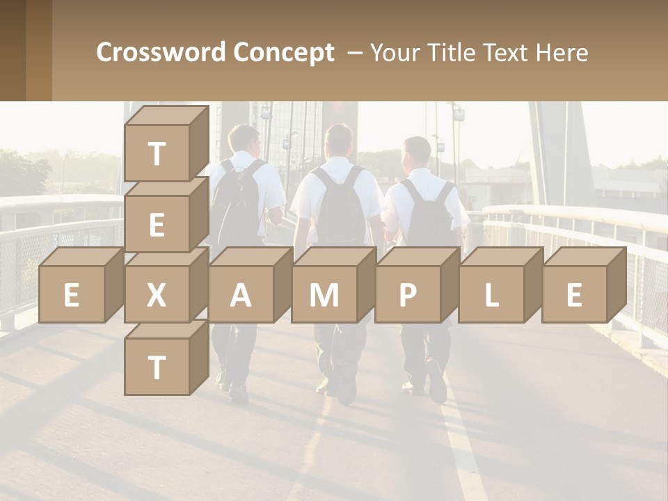 Three Men Walking Across A Bridge On A Sunny Day PowerPoint Template