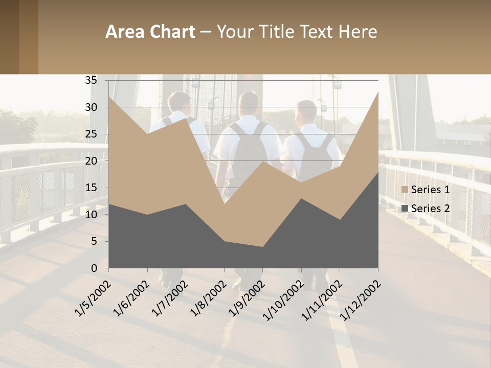 Three Men Walking Across A Bridge On A Sunny Day PowerPoint Template