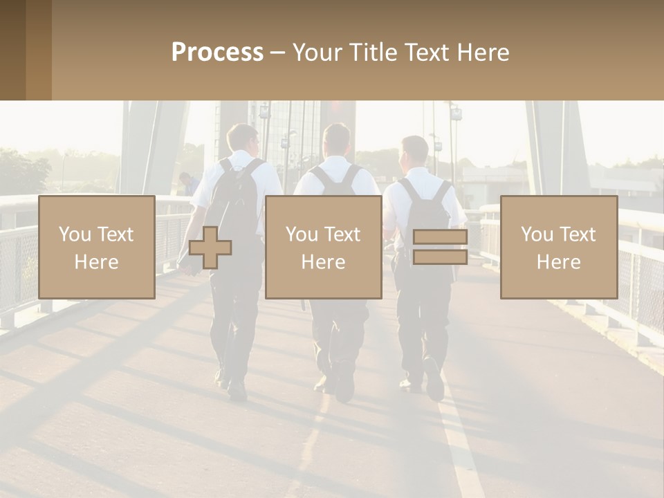 Three Men Walking Across A Bridge On A Sunny Day PowerPoint Template