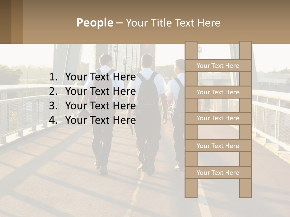 Three Men Walking Across A Bridge On A Sunny Day PowerPoint Template