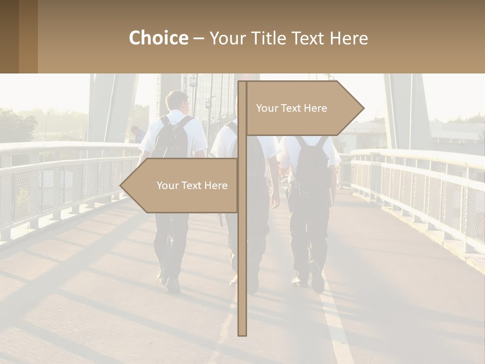 Three Men Walking Across A Bridge On A Sunny Day PowerPoint Template