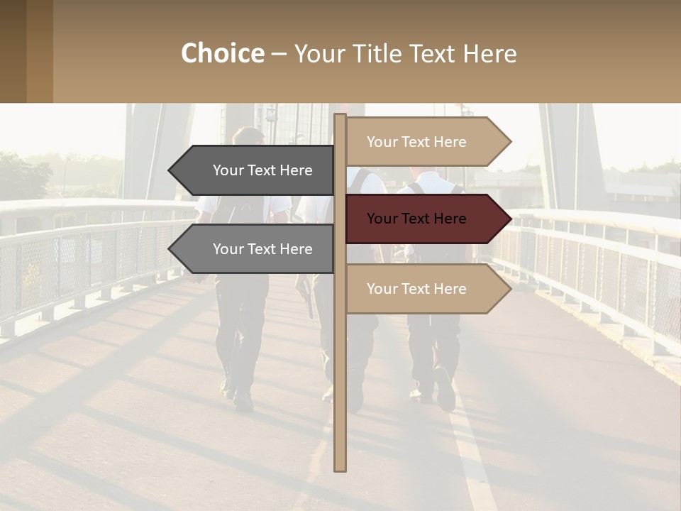 Three Men Walking Across A Bridge On A Sunny Day PowerPoint Template