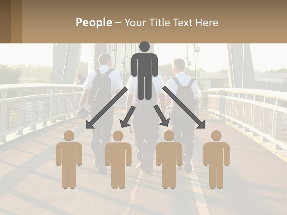 Three Men Walking Across A Bridge On A Sunny Day PowerPoint Template