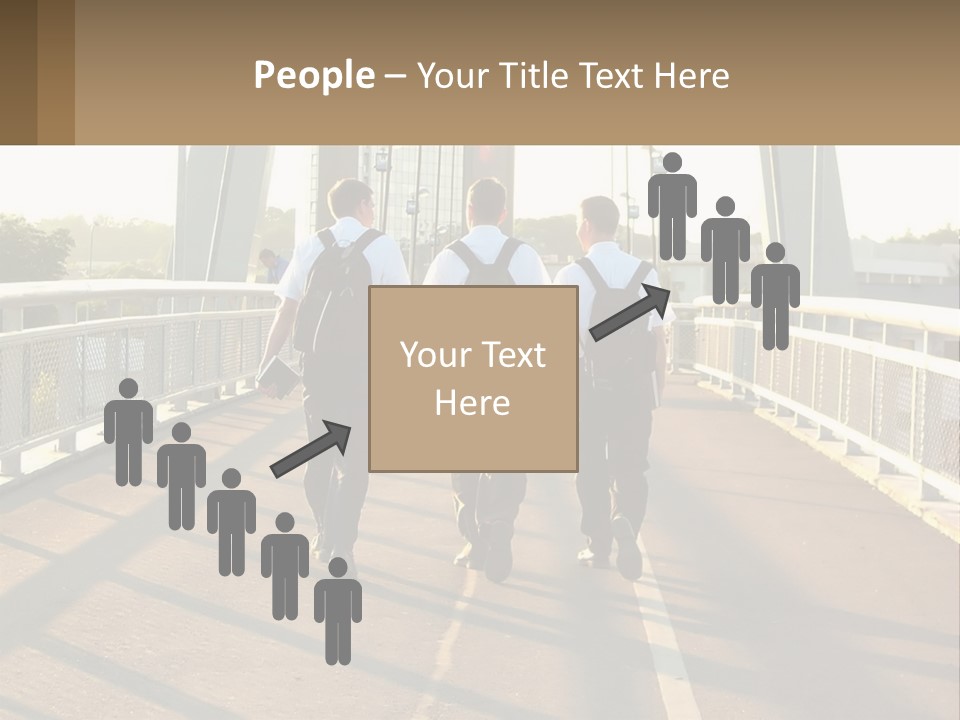 Three Men Walking Across A Bridge On A Sunny Day PowerPoint Template