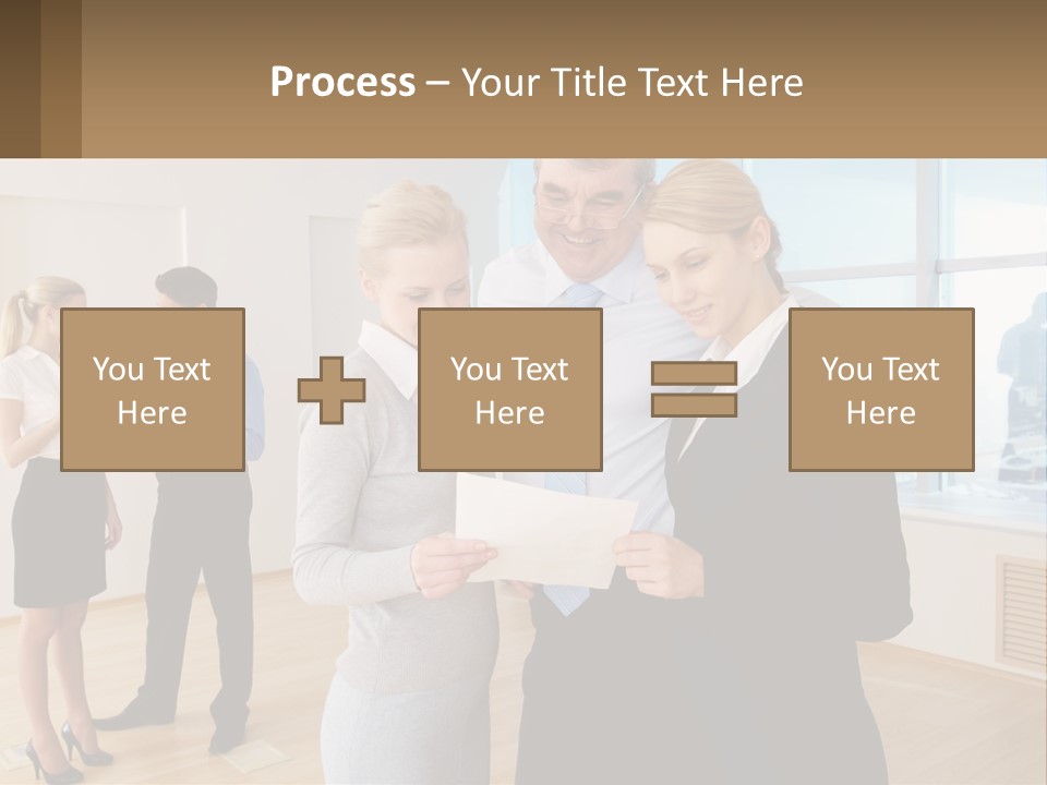 A Group Of Business People Looking At A Piece Of Paper PowerPoint Template