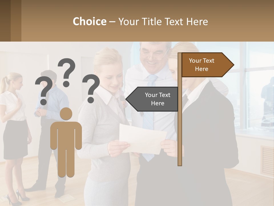 A Group Of Business People Looking At A Piece Of Paper PowerPoint Template