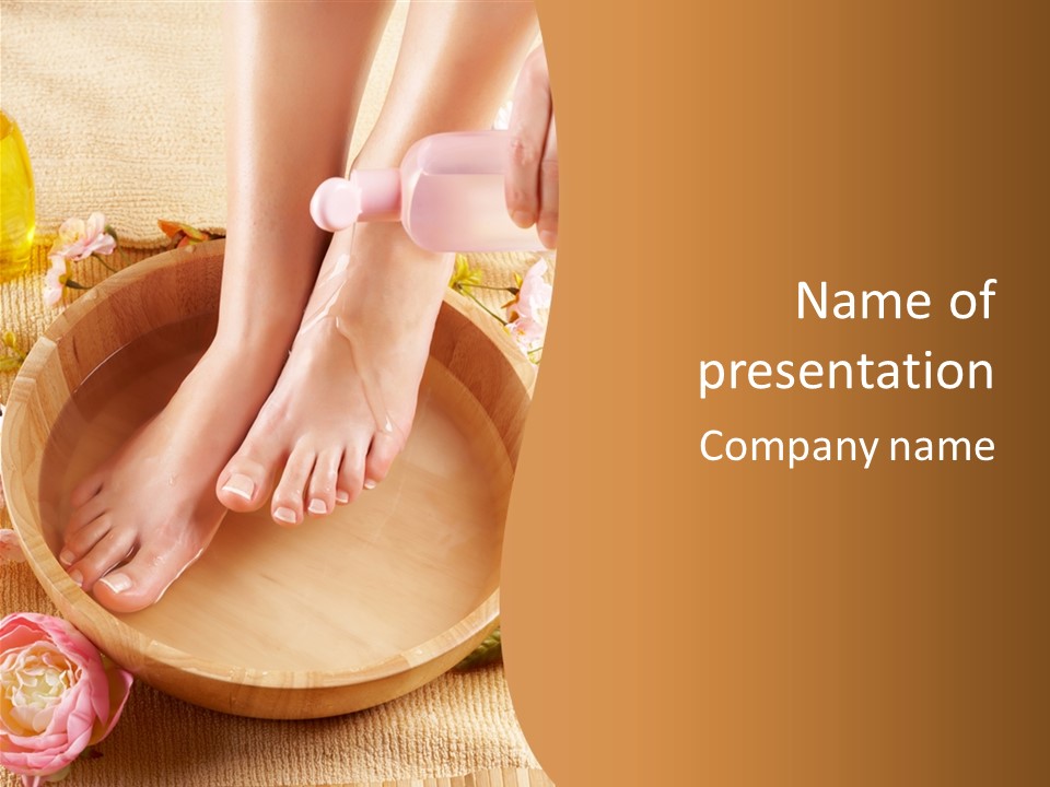 A Woman's Feet On A Wooden Bowl With Flowers PowerPoint Template