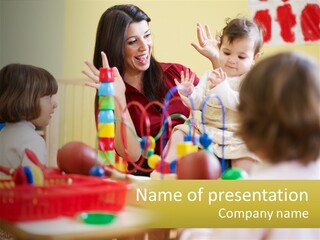 A Woman Is Playing With Children In A Room PowerPoint Template