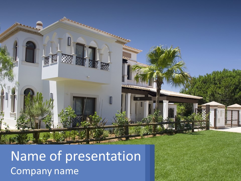 A Large White House With Palm Trees In Front Of It PowerPoint Template