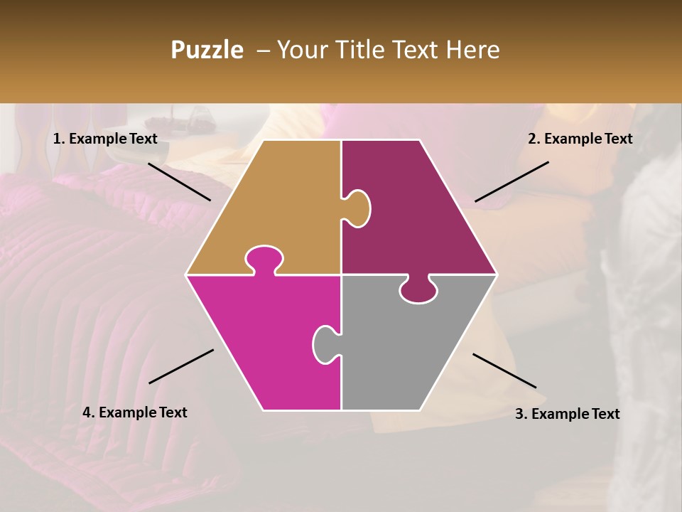 A Bedroom With A Bed Covered In A Pink And Yellow Blanket PowerPoint Template