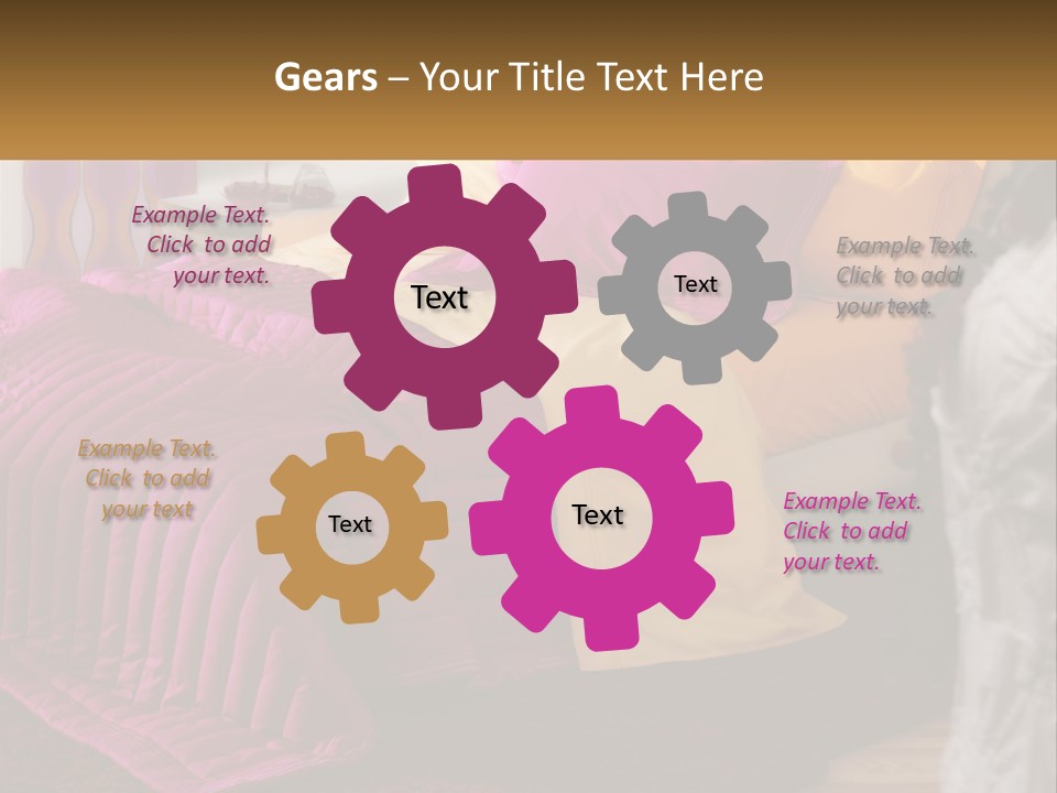 A Bedroom With A Bed Covered In A Pink And Yellow Blanket PowerPoint Template