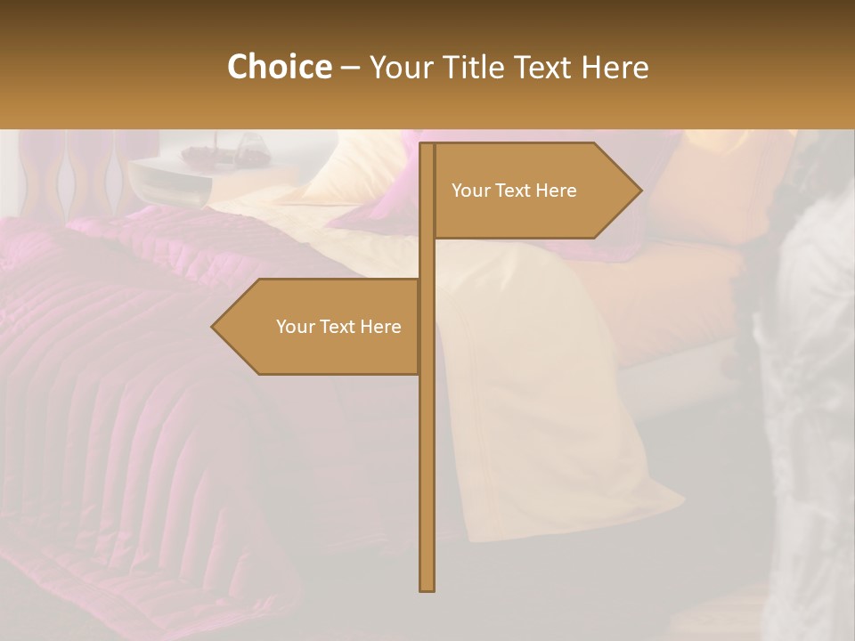 A Bedroom With A Bed Covered In A Pink And Yellow Blanket PowerPoint Template