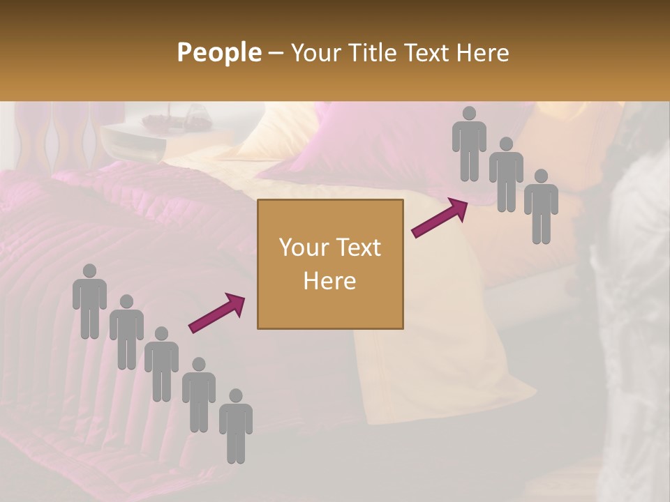 A Bedroom With A Bed Covered In A Pink And Yellow Blanket PowerPoint Template