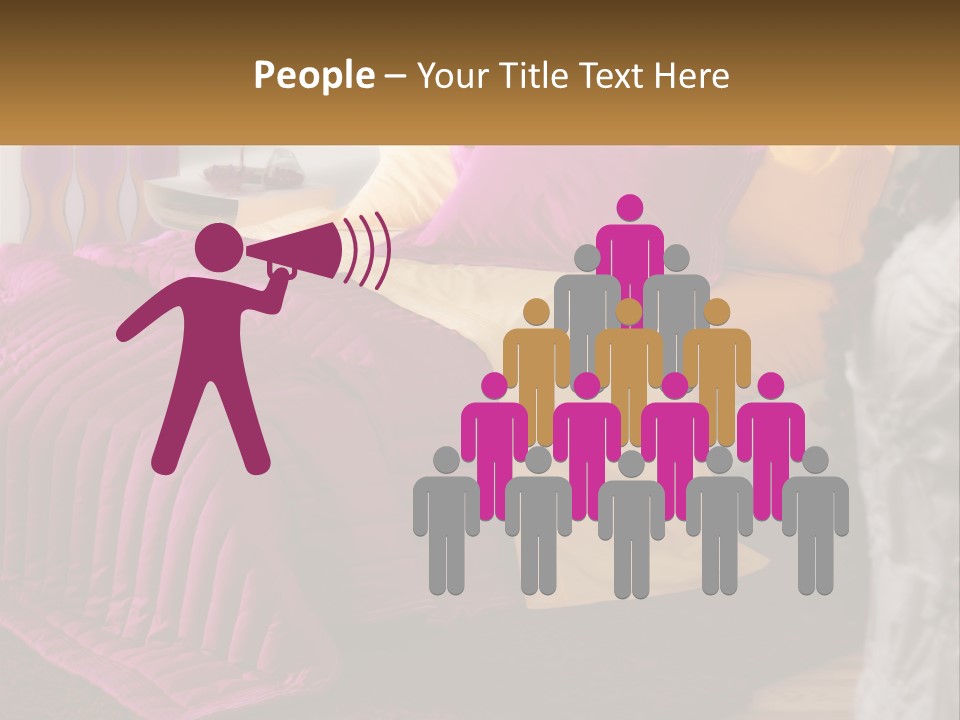 A Bedroom With A Bed Covered In A Pink And Yellow Blanket PowerPoint Template