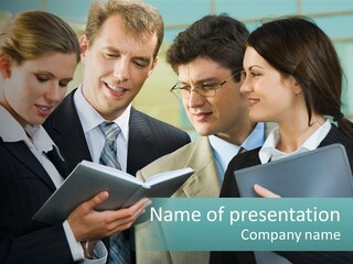 A Group Of Business People Looking At A Book PowerPoint Template