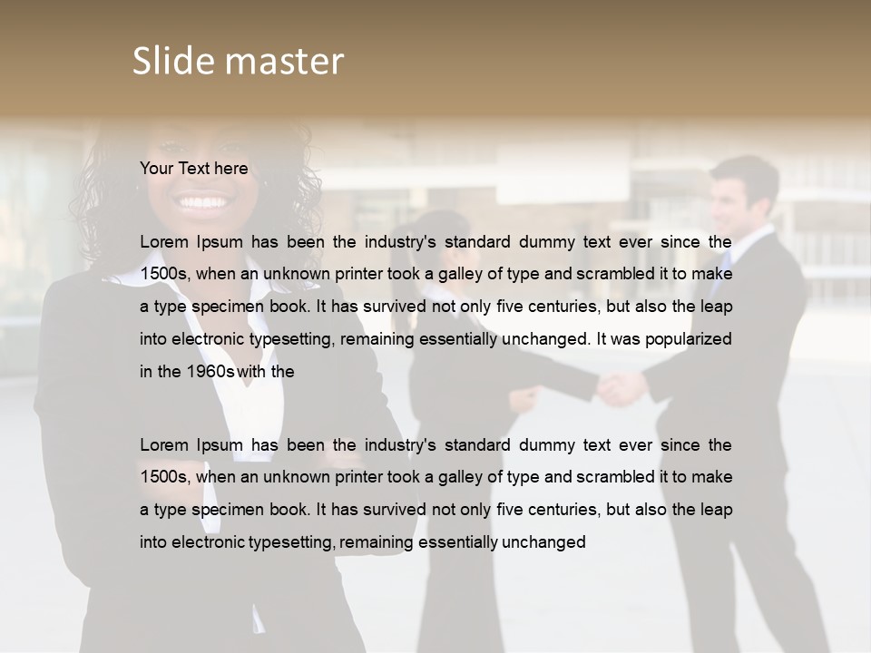 Two Business People Shaking Hands In Front Of A Building PowerPoint Template