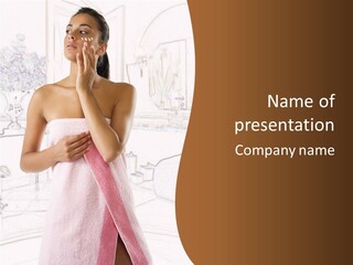 A Woman In A Pink Towel Is Holding Her Hand Up To Her Face PowerPoint Template