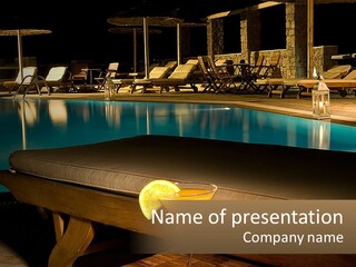 A Pool With Lounge Chairs And A Lemon Slice On It PowerPoint Template