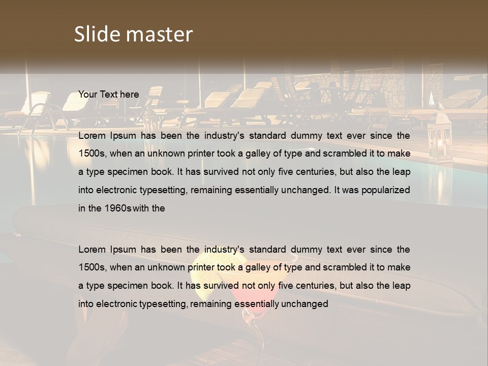 A Pool With Lounge Chairs And A Lemon Slice On It PowerPoint Template