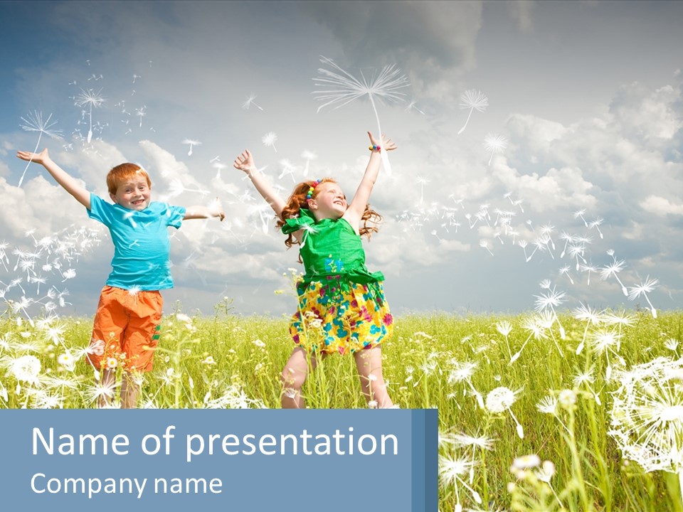 Two Children Jumping In A Field Of Dandelions PowerPoint Template