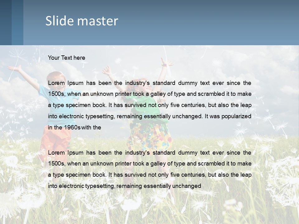 Two Children Jumping In A Field Of Dandelions PowerPoint Template