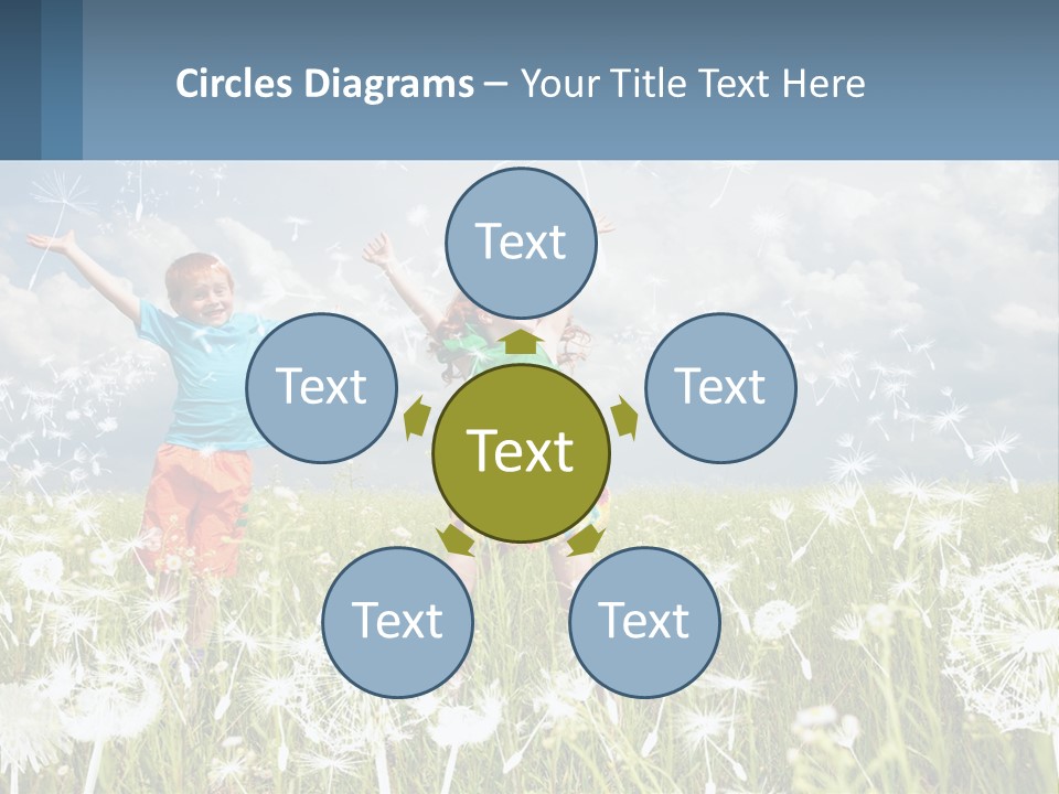 Two Children Jumping In A Field Of Dandelions PowerPoint Template